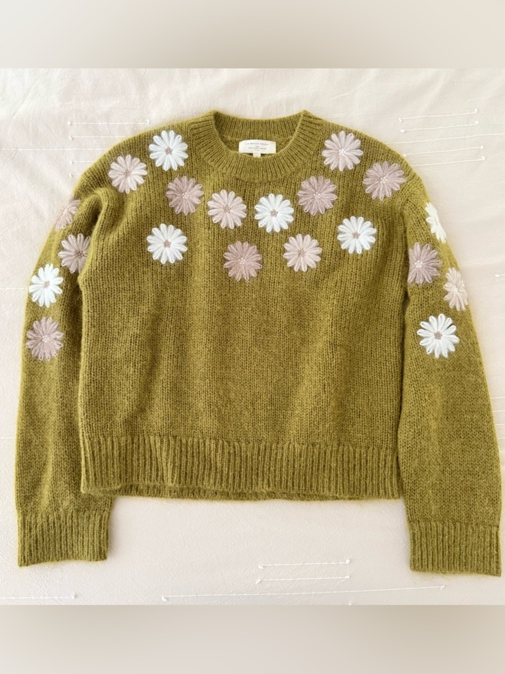 Sezane Suzon Jumper Oliver Green Stitched Floral Wool Blend Sweater Medium